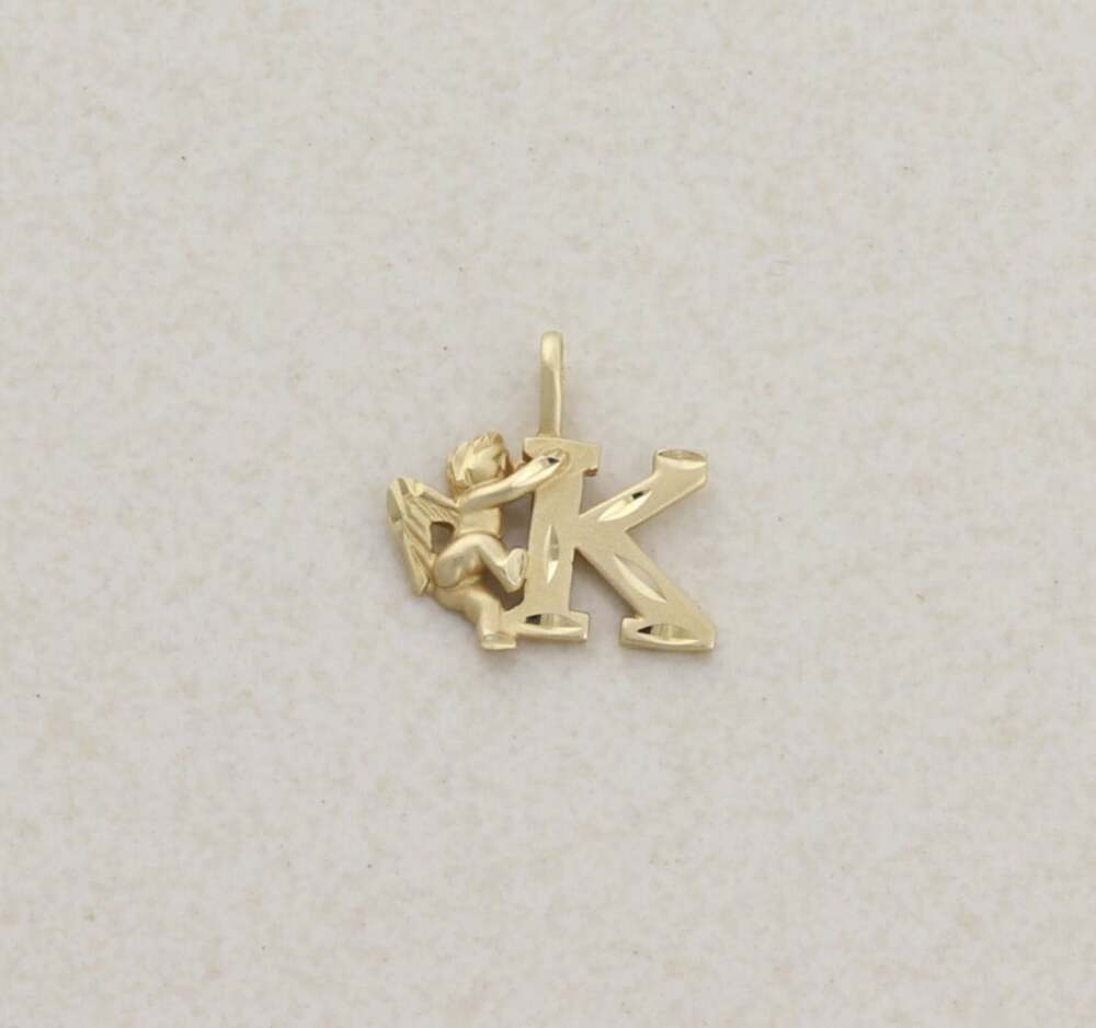 Pendant Only 14k Yellow Gold Letter K Initial Monogram Angel Pendant 1/2" x 5/8"